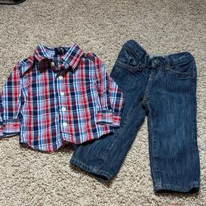 Plaid Nautica button down Shirt and Denim Jeans Set, size 3-6 months